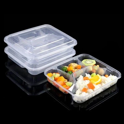 Engangs rektangulært gennemsigtigt fire-rums mad-madkasse i plastik med låg Mikrobølgeafhentning